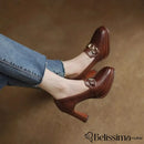 Sapatos Femininos de Couro de Vaca Genuíno para Primavera/Verão – Salto Alto e Plataforma em Preto e Marrom